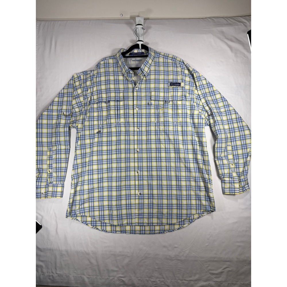 Columbia PFG Super Bahama Shirt Mens XL Yellow Blue Plaid Vented Fishing Top